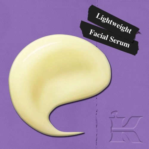 Ett gult, halvmåneformat gelbehållare med texten 'Lightweight Facial Serum' på en lila bakgrund.
