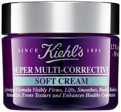 Fioletowy słoik Kiehl's Super Multi-Corrective Soft Cream z srebrnym wieczkiem i szczegółami produktu na etykiecie.