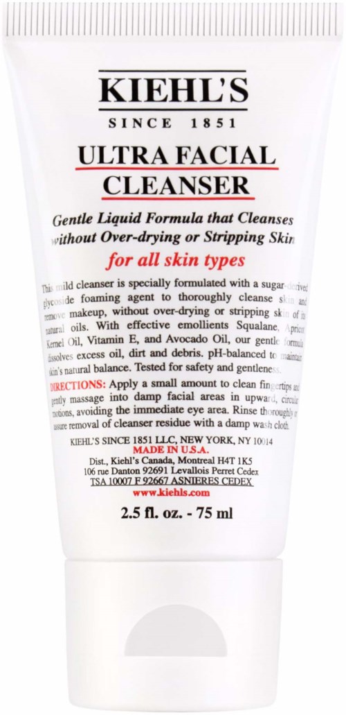 Kiehl's Ultra Facial Cleanser w białym tubie z czarnym i czerwonym tekstem, 75 ml, dla wszystkich rodzajów skóry.