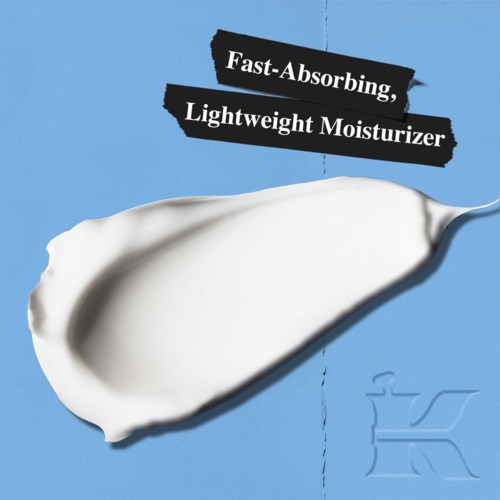 Creamy moisturizer scoop on blue background with bold black labels saying fast-absorbing and lightweight moisturizer.