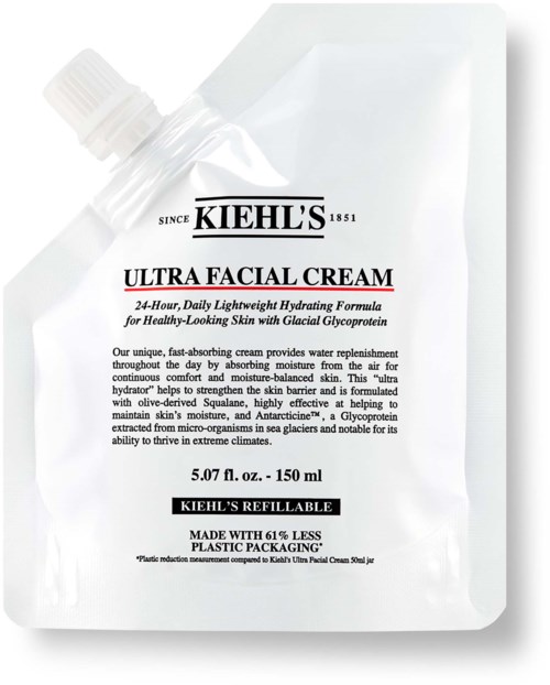 Opnieuw te vullen zakje van Kiehl's Ultra Facial Cream met zwart-wit label met productinformatie en merklogo.