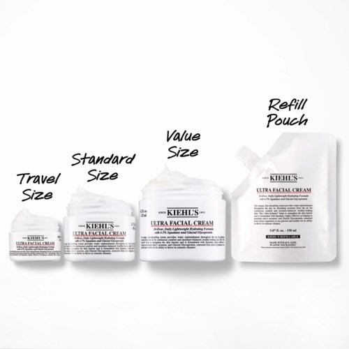 Vier flessen Kiehl's Ultra Facial Cream in verschillende maten, van reisformaat tot refill zak, met labels die de maat aangeven.