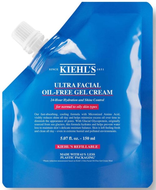 En blå Kiehl's-emballage til oliefri gelécreme med hvid og rød tekst, der angiver hydrering og glanskontrol.