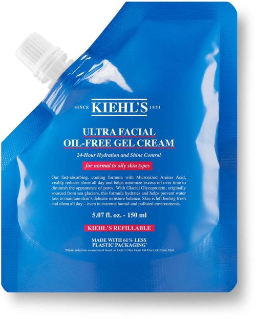 Blå refillpose af Kiehl's Ultra Facial Oil-Free Gel Cream med hvid og rød tekst.