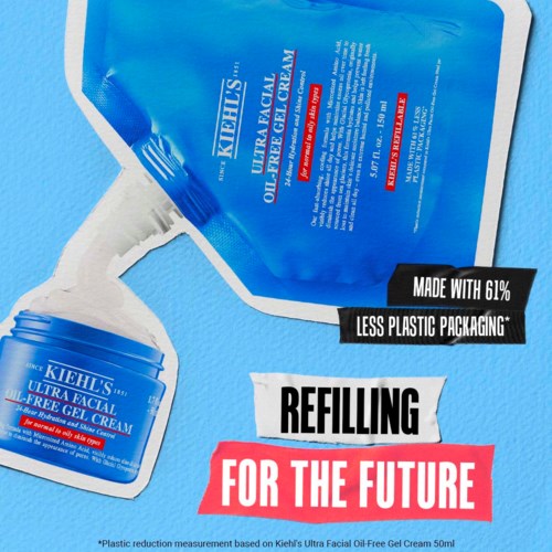 Kiehl's hudplejeemballage med en blå krukke, der genpåfyldes fra en blå pose, med slogans om mindre plast og fremtid.