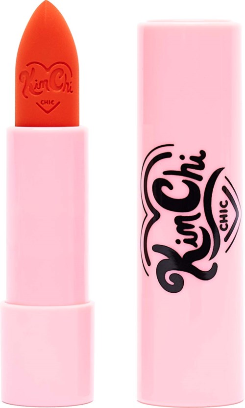 Pink lipstick tube with a red lipstick inside, labeled 'Kim Chi Chic' on the tube.