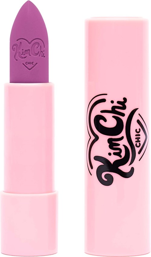 Pink lipstick with 'Kim Chi' logo, in a pink case, standing upright.