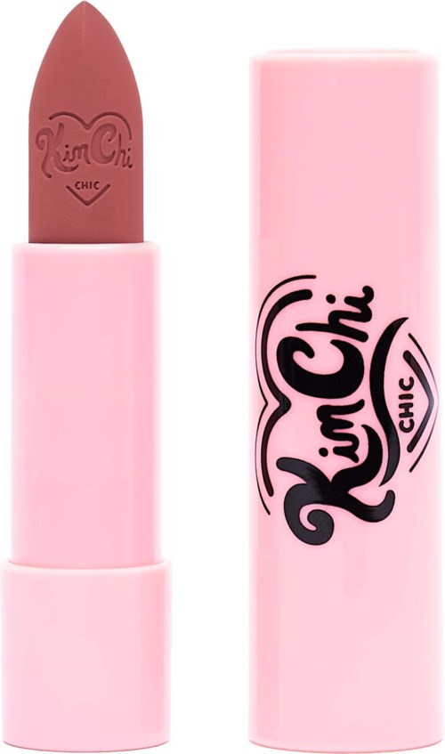 Pink lipstick with black and pink writing on the tube, one open showing the color.