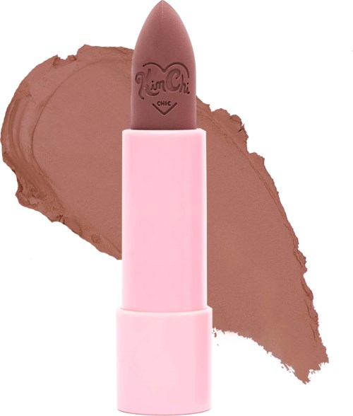 Brown lipstick in a pink case, with a swatch of color behind it.