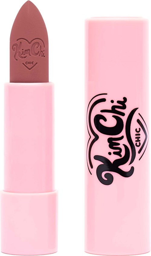 A pink lipstick tube with the words 'Kiss Kiss' and 'Chic' on the packaging.