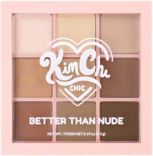 En rosa sminkepalett med ni nyanser som varierer fra lys til mørk, merket KimChi Chic Better Than Nude.