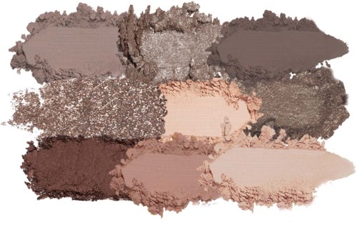 En palett med seks nøytrale øyenskyggefarger som går fra lys beige til mørk brun og grå.