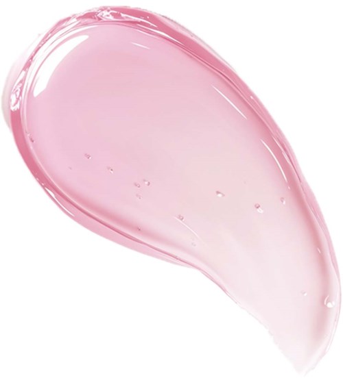 Een zachte roze gel of crème met een gladde, glanzende textuur en een paar kleine bellen erin.