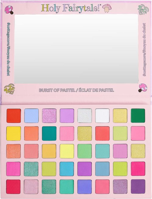 Colorful pastel eyeshadow palette with 30 shades, including reds, blues, pinks, yellows, and purples.