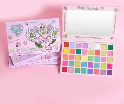 A colorful makeup palette with pastel shades, featuring a fairy illustration and space for makeup photos.