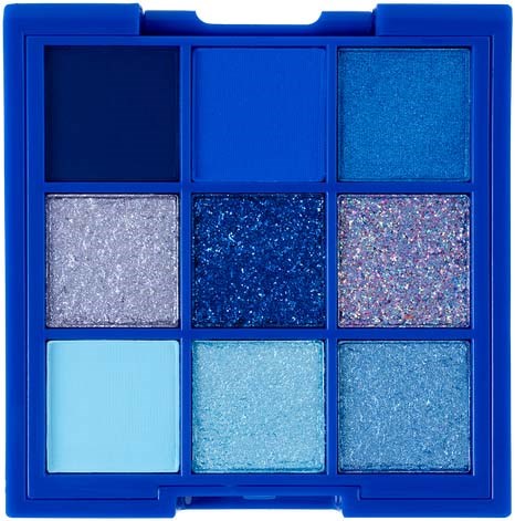 A blue eyeshadow palette with nine different shades, including matte, shimmer, and glitter finishes.