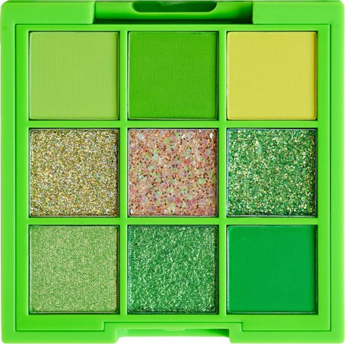 A green eyeshadow palette with nine different shades, including glittery and matte finishes, in a plastic case.