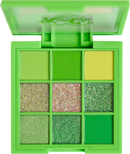 A green eyeshadow palette with nine shades, including matte and glitter finishes, in a plastic case.