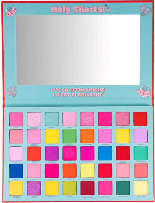A colorful eyeshadow palette with 36 shades, featuring pink, blue, green, yellow, red, and purple colors.
