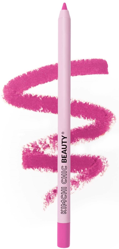 Rosa eyeliner blyant med orden 'KIMCHI CHU BEAUTY' og en rosa virvlingsbakgrunn.