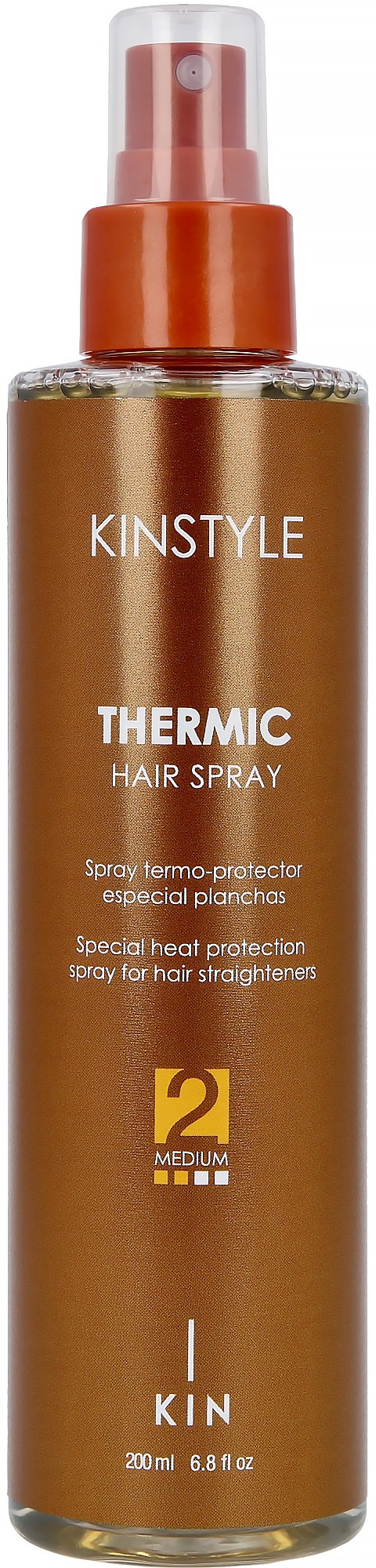 En brunsprayflaska med orange kapsyl, märkt KINSTYLE THERMIC HAIR SPRAY, med 200 ml innehåll och medium stadga.