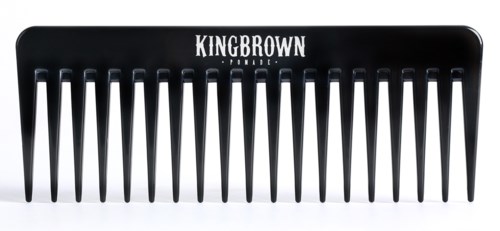 A black hair comb with the words 'KINGBROWN' printed on it, featuring wide teeth and a curved top.