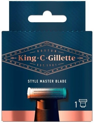 Förpackning för en King C. Gillette rakhyvelblad i blått, vitt och kopparfärgat, avsedd för rakning.