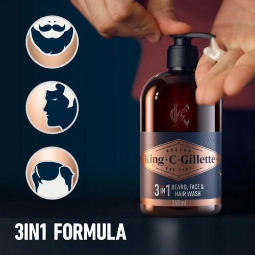 En hand trycker ut skum på en flaska som heter 'King C. Gillette' för skägg och hår, med ikoner av skägg, ansikte och hår.