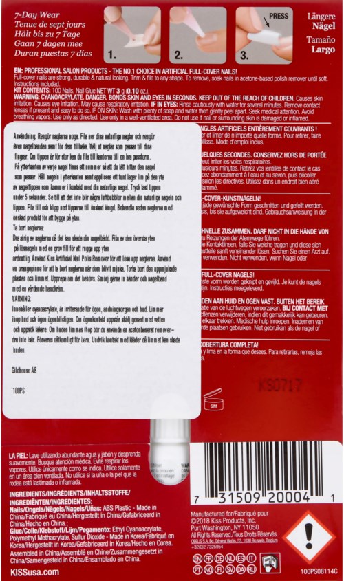Advarselsmerke for neglelakkfjerner med instruksjoner, varningssymboler og strekkode på rød og hvit bakgrunn.