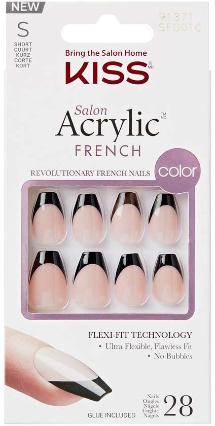 False nails with a French design, stored in a box, labeled for short nail length, with 28 nails inside.