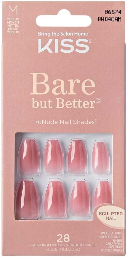 A pink package with false nails labeled 'Bare but Better' and '28 sculpted nails' inside.