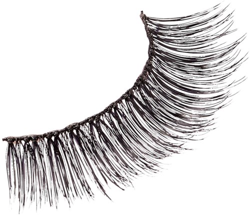 A false eyelash with many black strands, curved in a semi-circle shape.