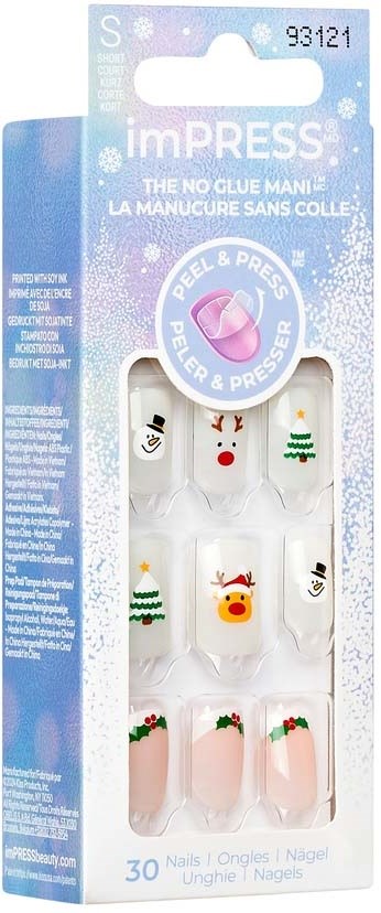 Nail decals with Christmas and winter designs, including reindeer, Santa face, Christmas trees, and holly. Comes with a peel-and-press sticker.