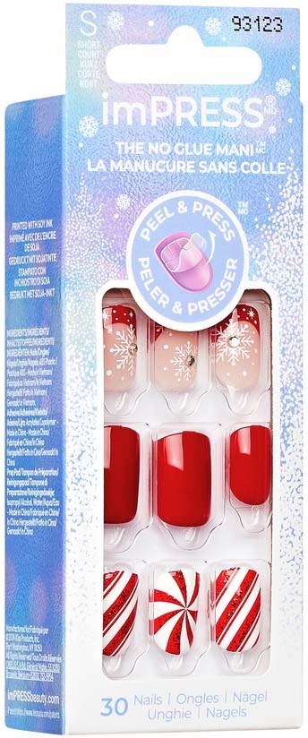 A set of 10 fake nail tips with red, white, and pink designs in packaging, labeled 'imPRESS' for home use, no glue needed.