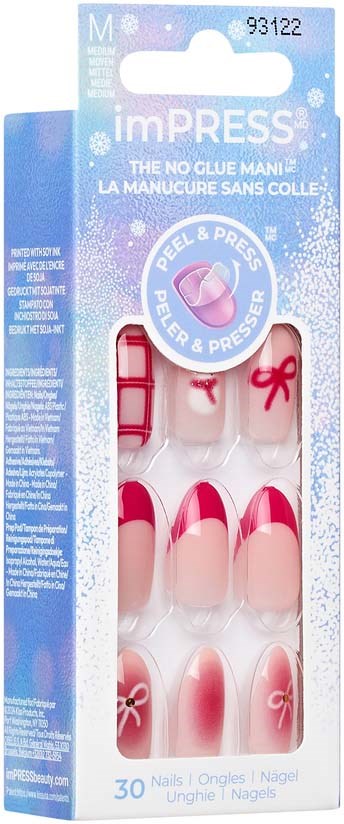 Künstliche Nägel mit pinken Spitzen und Schleifen, in einer blauen und weißen Packung. Enthält 30 Nägel für Maniküre.