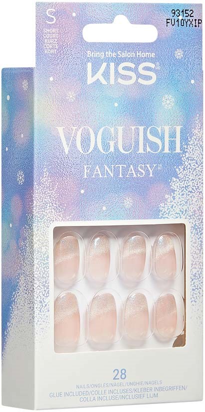 Eine Schachtel mit falschen Nägeln im pastellfarbenen, frostigen Design mit Text, gekennzeichnet 'Kiss Vogueish Fantasy,' enthält 28 Nägel.