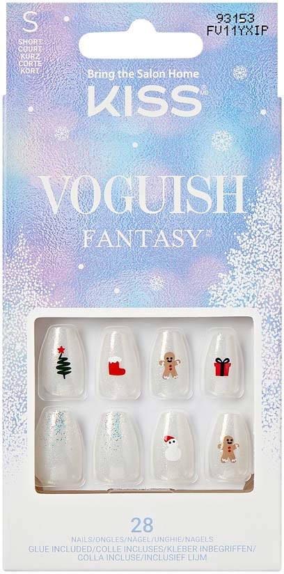 Nail tips with Christmas and holiday designs, including a tree, gift, stockings, gingerbread men, and a Santa hat.