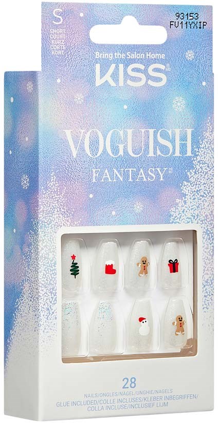Nail stickers with Christmas and winter designs, including a tree, gifts, a gingerbread person, and Santa hats.