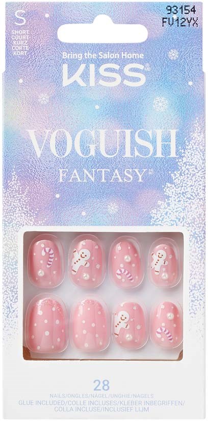 Rosa Nagelspitzen mit weißen und pinken Blumen- und Punkte-Designs in Verpackung. Marke ist KISS Vogueish Fantasy.