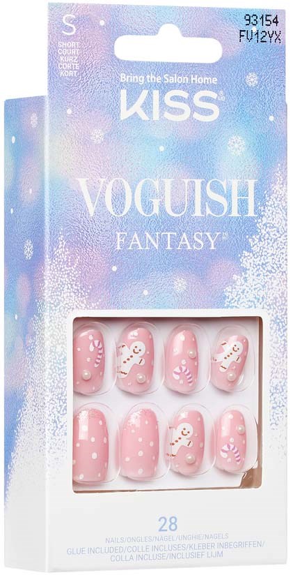 Rosafarbene Nagelspitzen mit niedlichen weißen Schneeflocken und Feiertagsdesign im Nagelset.