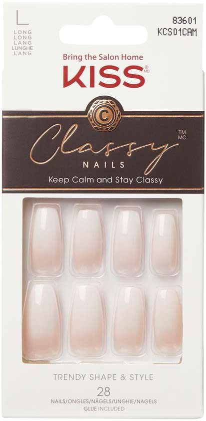 Nagellim för långa, stilfulla naglar i en förpackning märkt 'KISS'. Innehåller lim, 28 tips, för en elegant look.