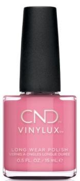 En pink nagellackflaska med varumärkesnamnet 'CND' och en hög, svart topp.