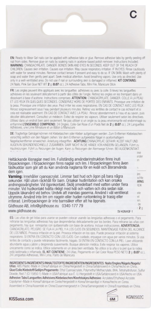 Baksidan av en förpackning med detaljerade varningar, instruktioner och ingredienser på flera språk.