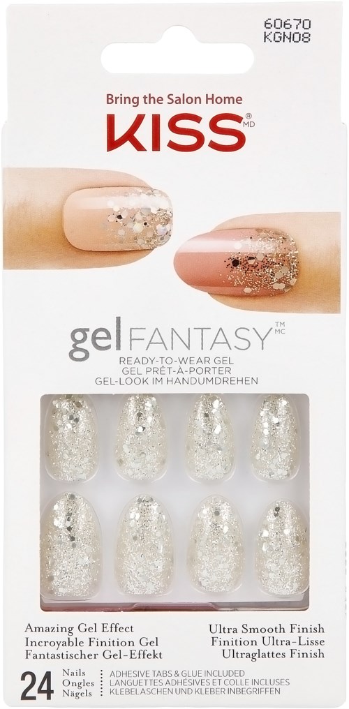 Nail gel false nails with silver glitter, 24 pieces, in packaging labeled KISS Gel Fantasy with a logo and images.