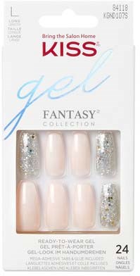 A box of 24 nail gel tips with a clear, sparkling design and soft pink nails inside.
