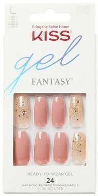 A box of 24 gel nail polish strips in soft pink and glitter colors. Open window shows nails on tips.