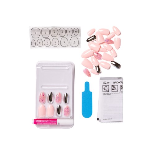Nagelkunst-Set mit pinkfarbenen und schwarzen Nägeln, Aufklebern, Kleber und Werkzeugen zur Nagelgestaltung.