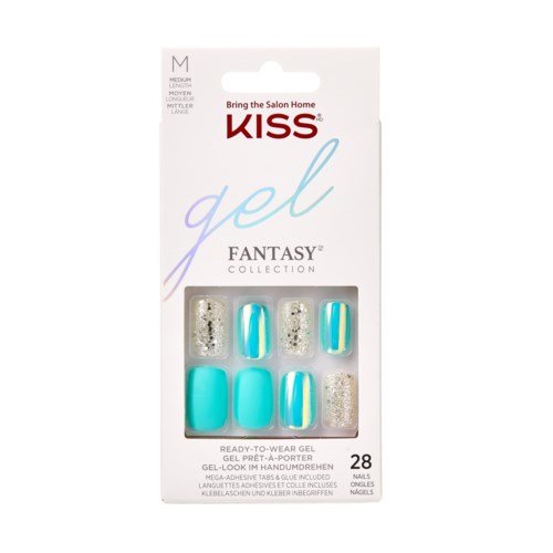 Packung mit 28 Gel-Nägeln in Blau, Silber Glitter und glänzenden Designs für einen stilvollen Look.