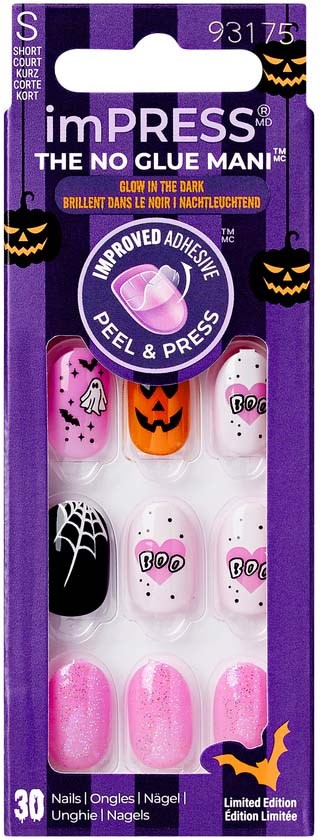 Eine Packung Halloween-Design Nagelaufkleber mit Leuchtfunktion im Dunkeln, inklusive Kürbisse, Geister und Spinnen.