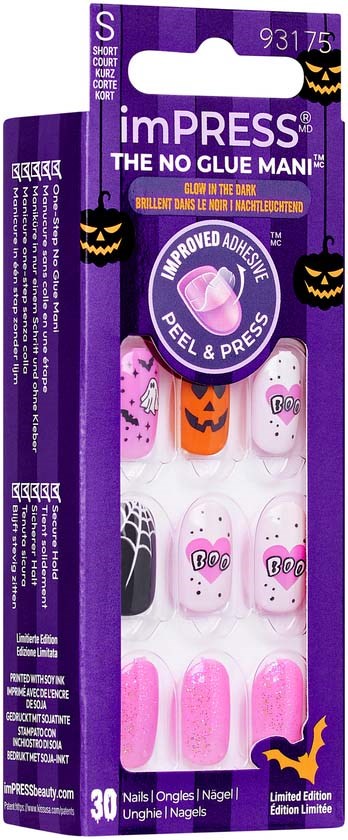Halloween-Motive Nagelsticker mit Geistern, Kürbissen, Spinnen und Fledermäusen in Pink, Lila, Orange, Weiß. Limitierte Edition.
